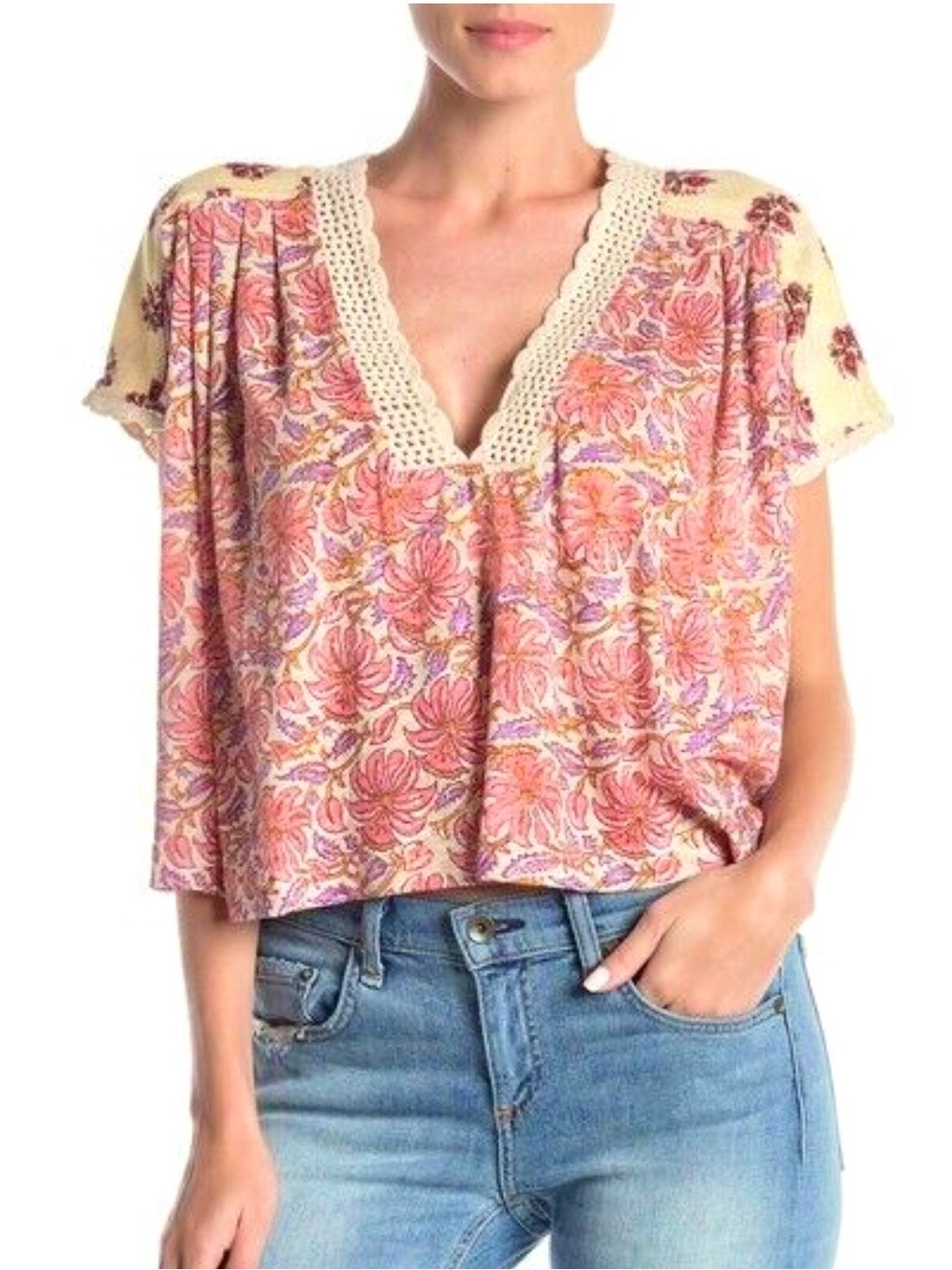 Free People Pink Floral Crochet-Trim Crop Top